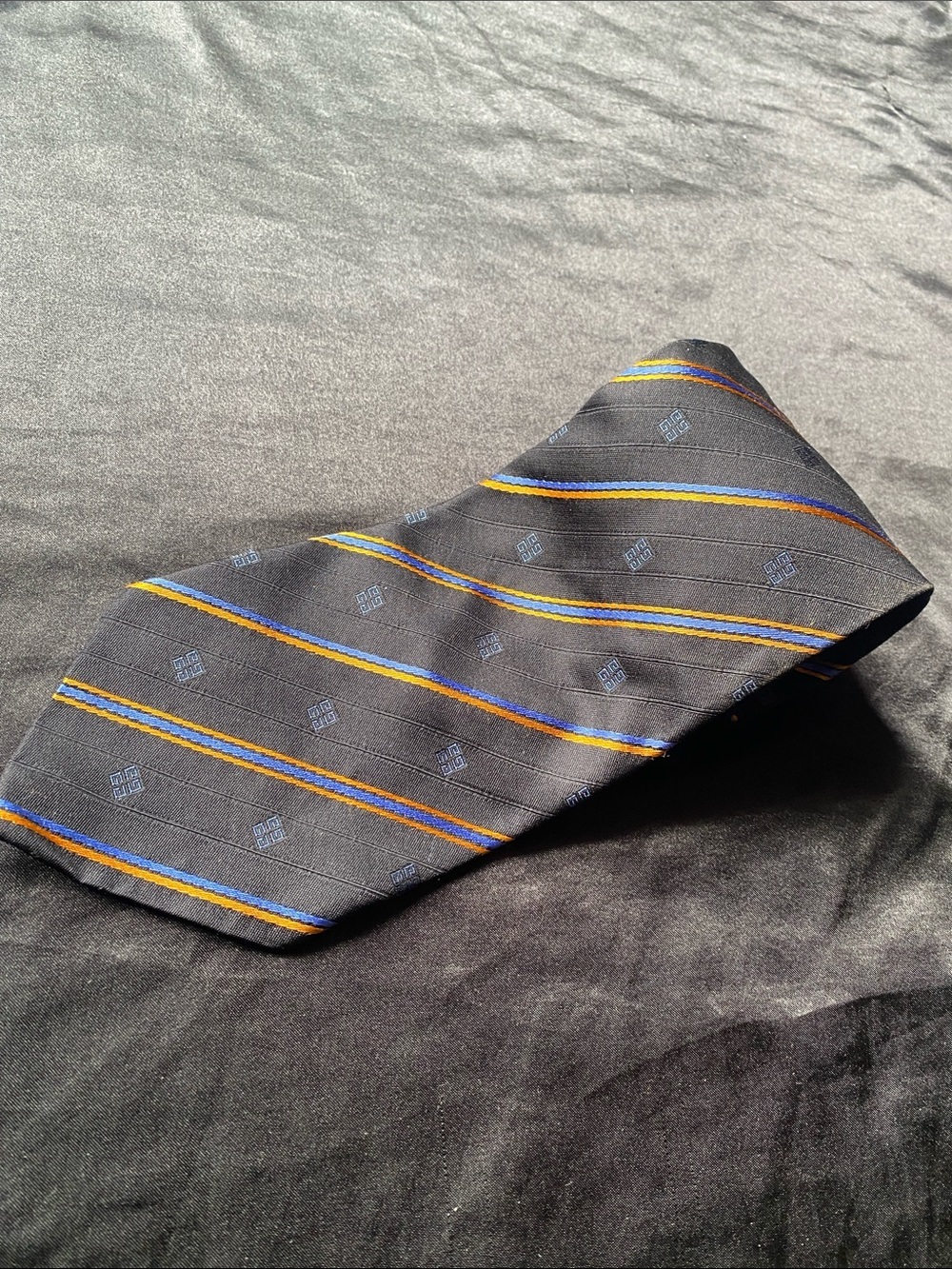 Givenchy Black Monogram Tie with Orange and Blue Stripe Accents